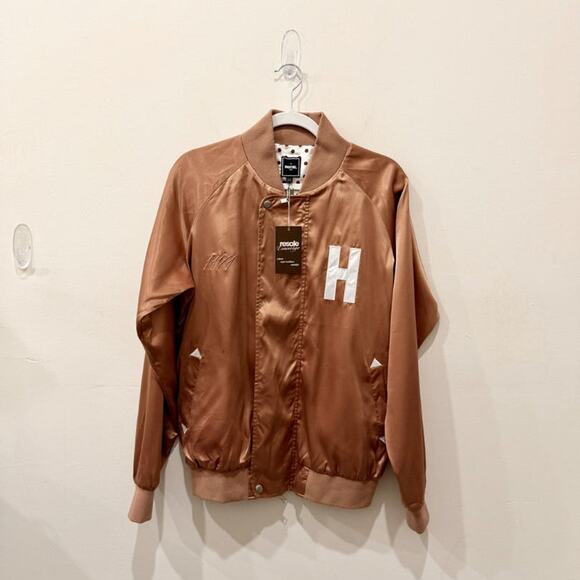 Hotel CA 1171 Satin Long Sleeve Full Zip University Bomber Jacket Tan Women's M - Picture 1 of 4